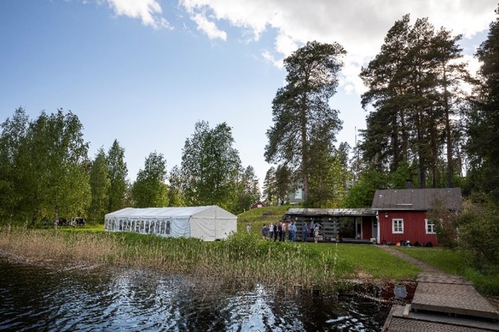 Barn beside lake