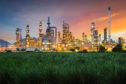 Refinery With Sunset